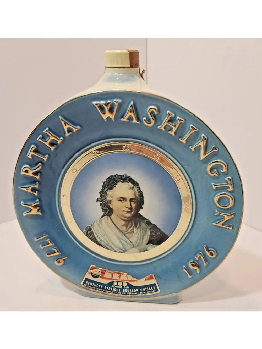 Vtg ‘77 Jim Beam Martha Washington Bicentennial Whiskey Decanter Blue Porcelain